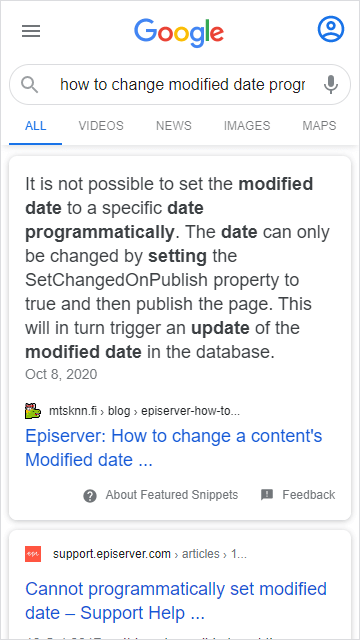 Screenshot of Google's Featured snippet from this blog post, displaying the above quote from Episerver's support page saying that it's not possible to set the modified date programmatically.
