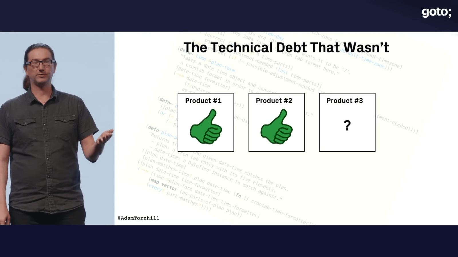 A snapshot from the video (21:15), with Adam Tornhill on the left and an illustration on the right labeled "The Technical Debt That Wasn't"