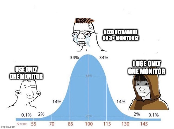 The "IQ Bell Curve / Midwit" meme with the low IQ and high IQ persons saying "I use only one monitor" and the midwit person saying "Need ultrawide or 3+ monitors!"