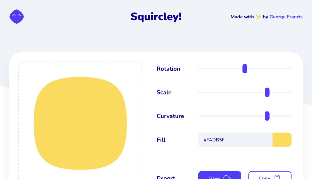 Screenshot of the Squircley app, showing a yellow squircle and controls for customizing it.