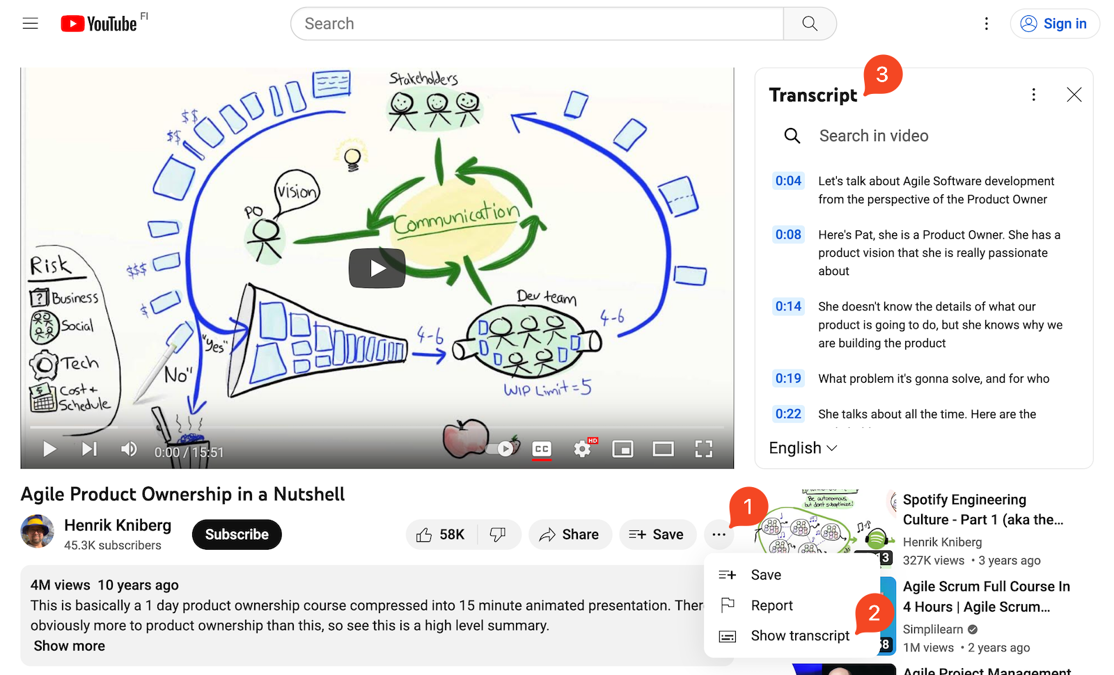 Annotated (1–2–3) screenshot of where to find YouTube's "Show transcript" tool and the transcript.